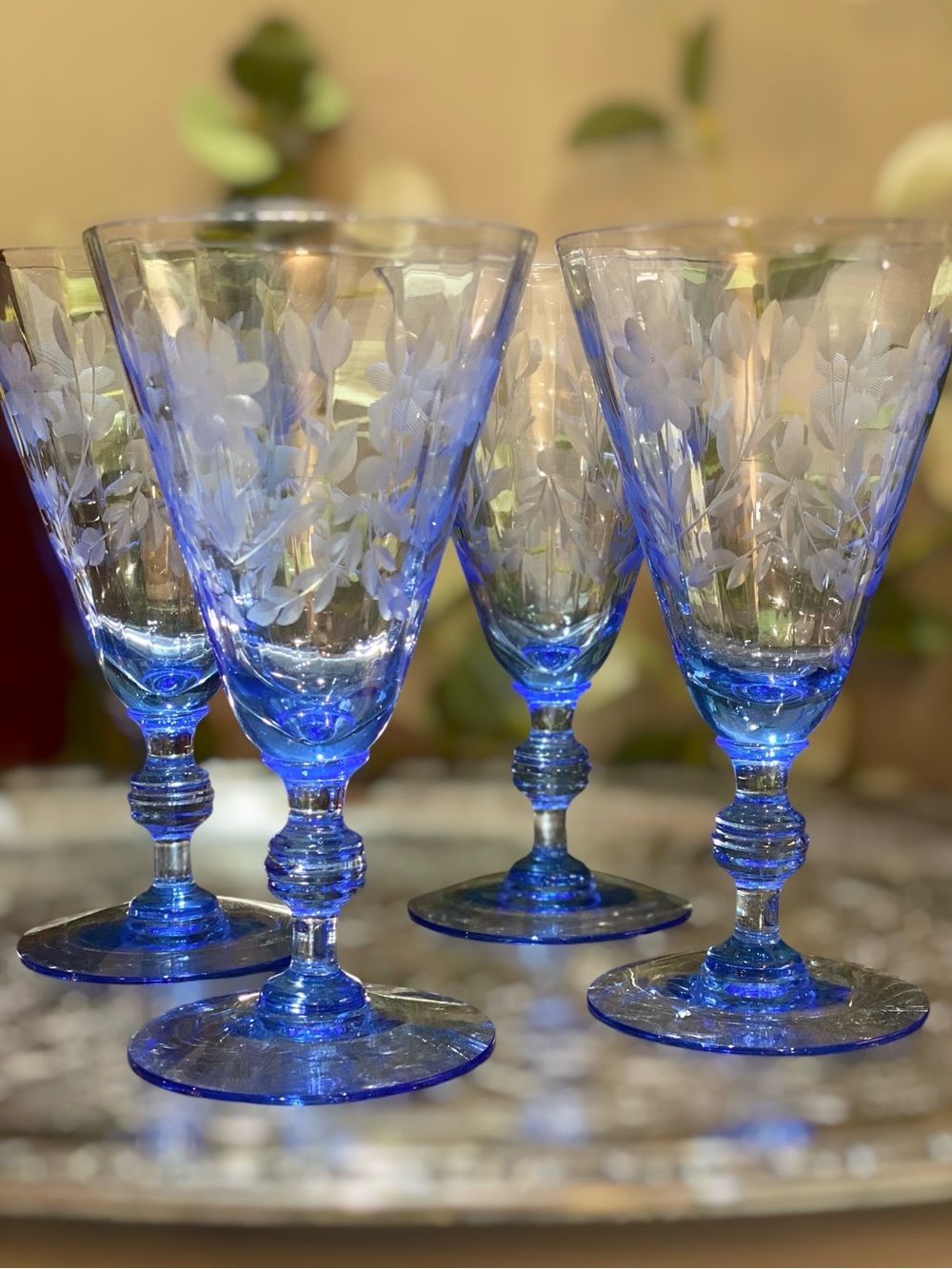 Antique c1920s H.C. Fry Set 4 Blue Azure Wine Glasses Stem Optic Panel Wheel Cut